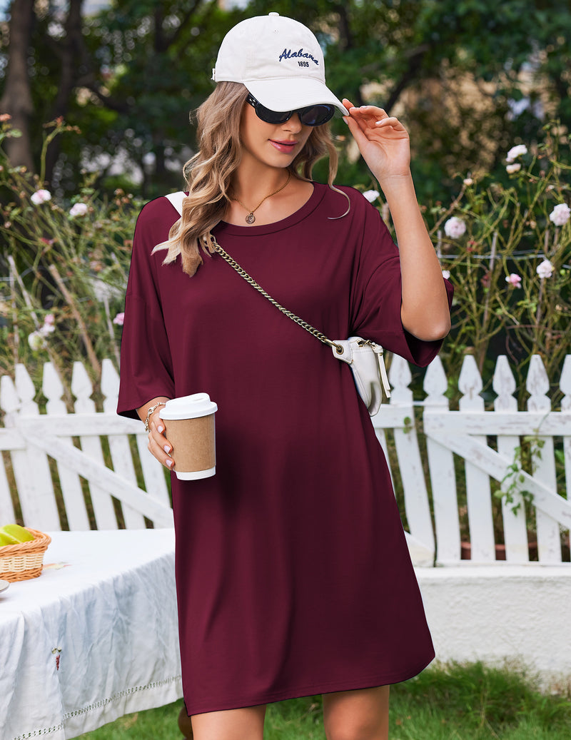 Bamboo nightgown in burgundy with short sleeves, loose A-line fit, side ties