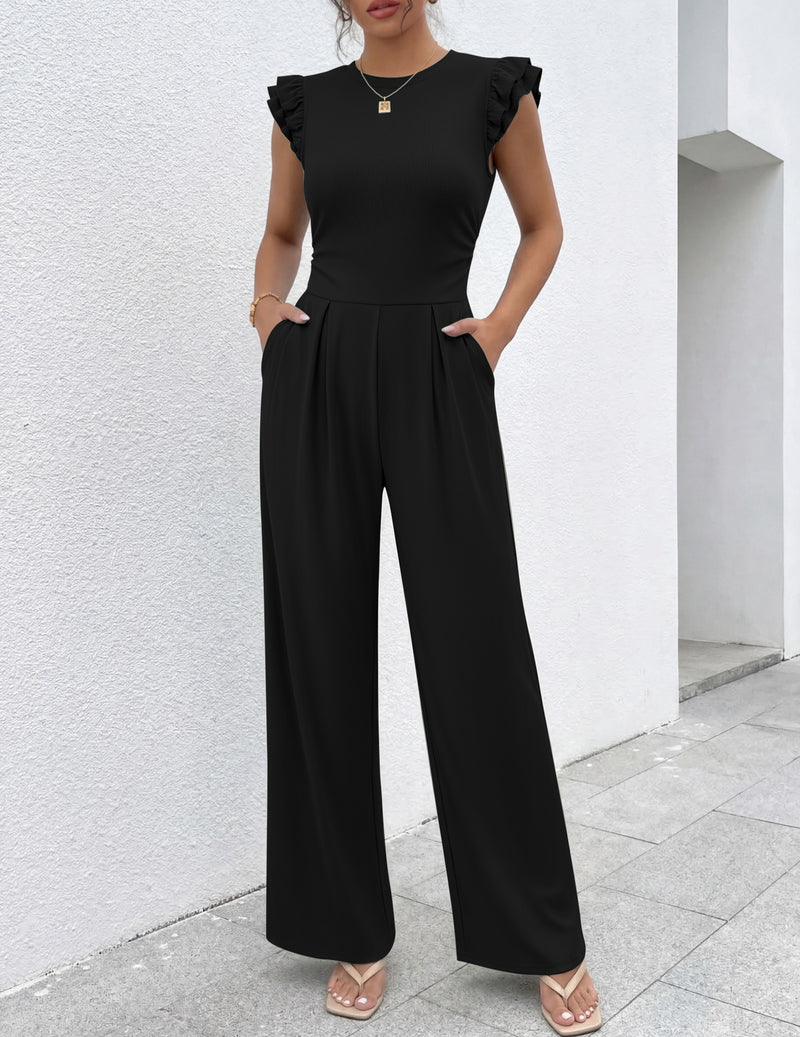 Black one-piece romper with ruffle cap sleeves and wide-leg pants
