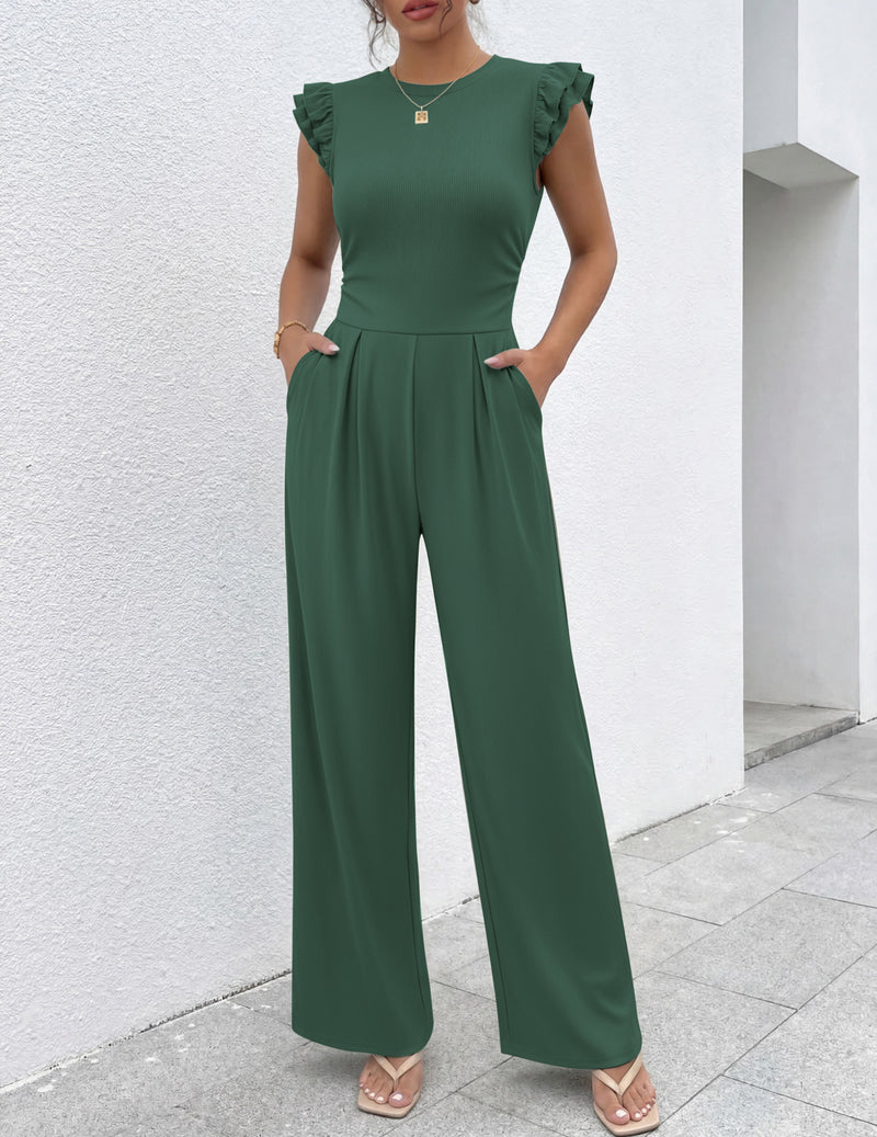 Forest green one-piece romper with ruffle cap sleeves and wide-leg pants