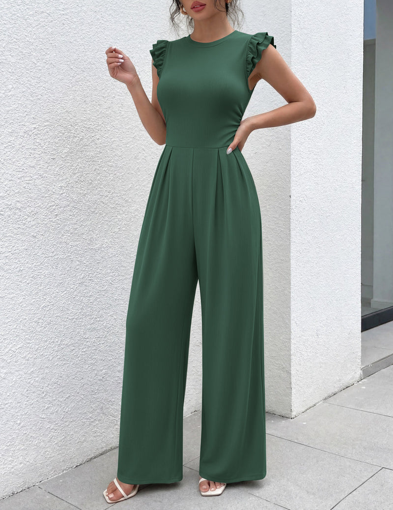 Green one-piece romper with ruffle cap sleeves and wide-leg pants