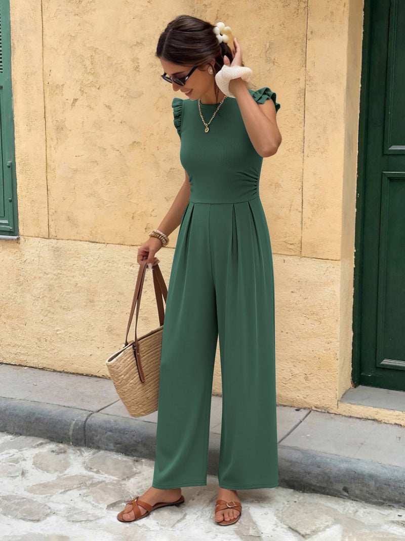Deep green one-piece romper with ruffle cap sleeves and wide-leg pants