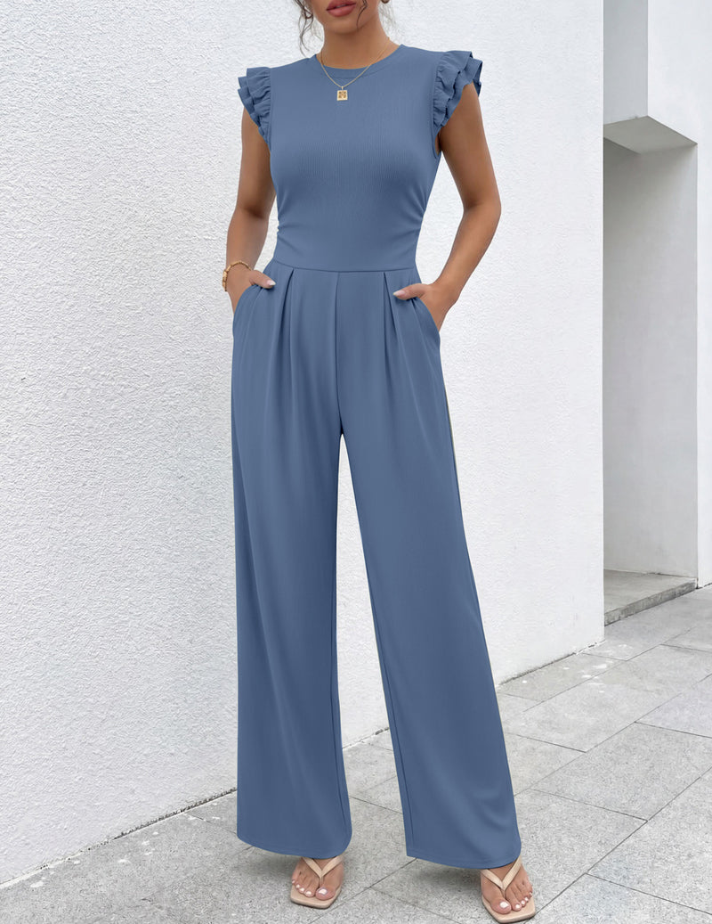 Blue one-piece romper with ruffle cap sleeves and wide-leg pants