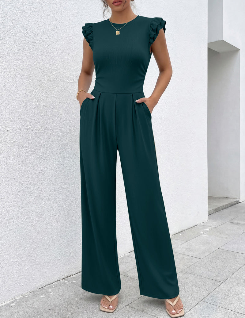 Dark green one-piece romper with ruffle cap sleeves and wide-leg pants