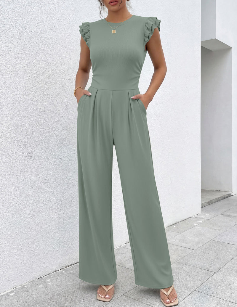 Sage green one-piece romper with ruffle cap sleeves and wide-leg pants