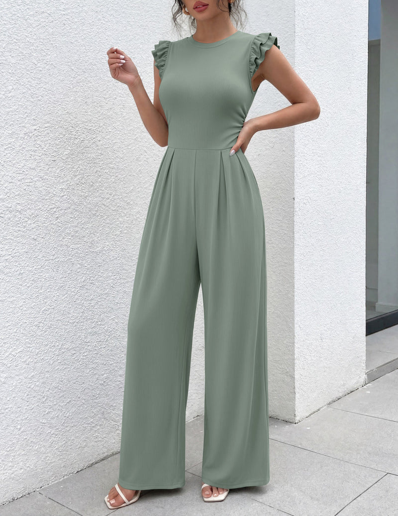 Light green one-piece romper with ruffle cap sleeves and wide-leg pants