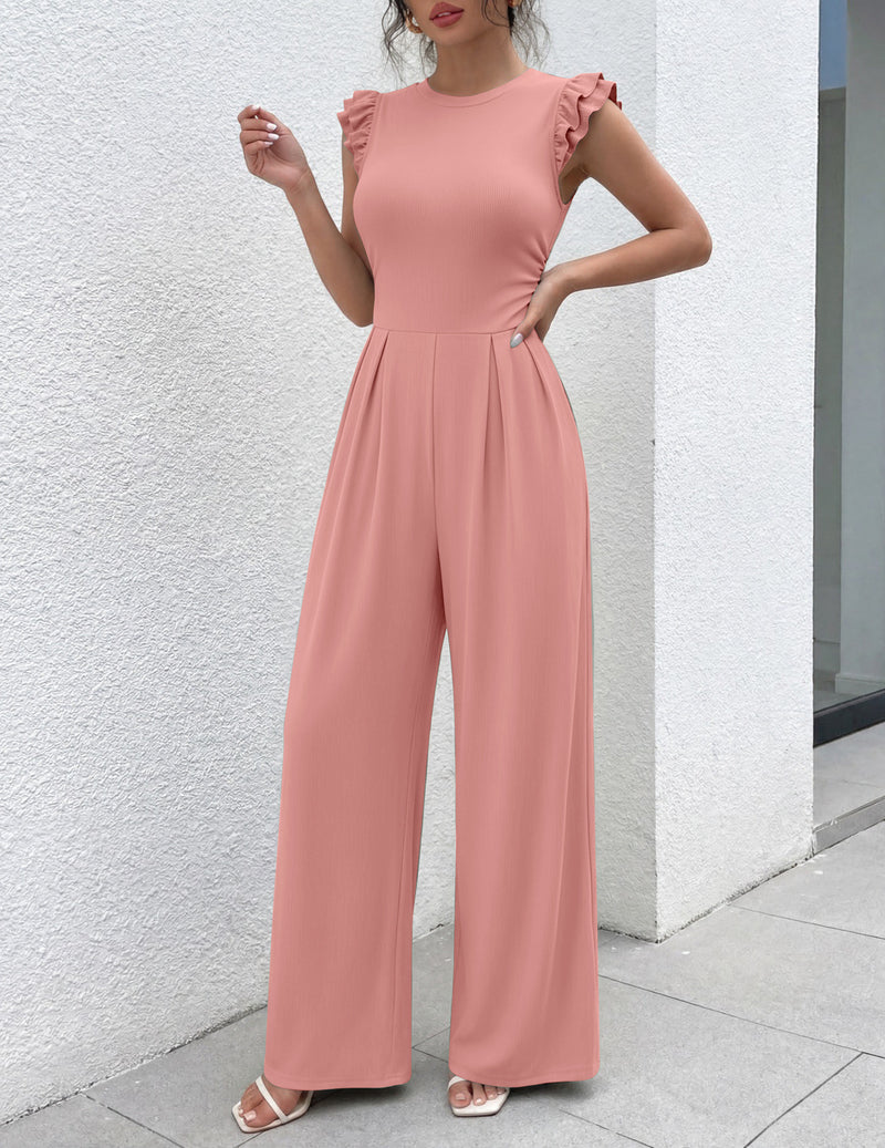 Dusty pink one-piece romper with ruffle cap sleeves and wide-leg pants