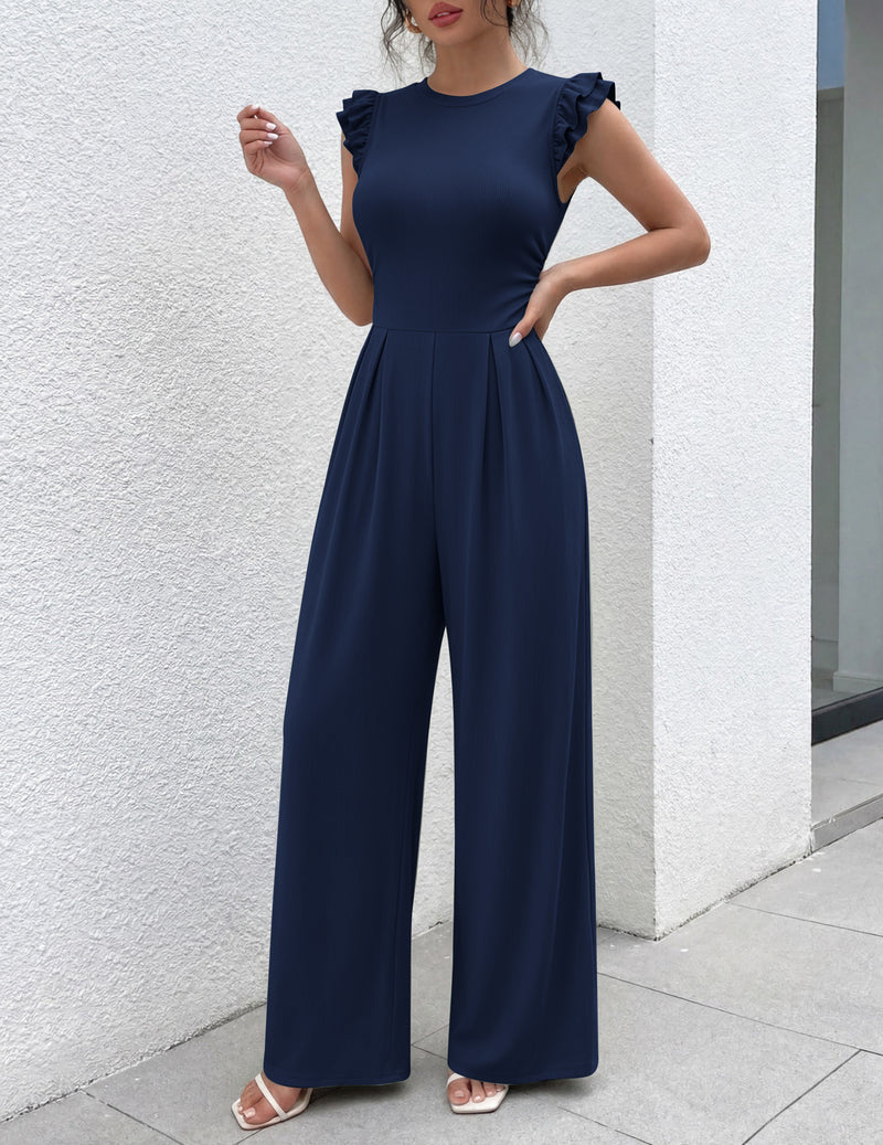 Navy one-piece romper with ruffle cap sleeves and wide-leg pants