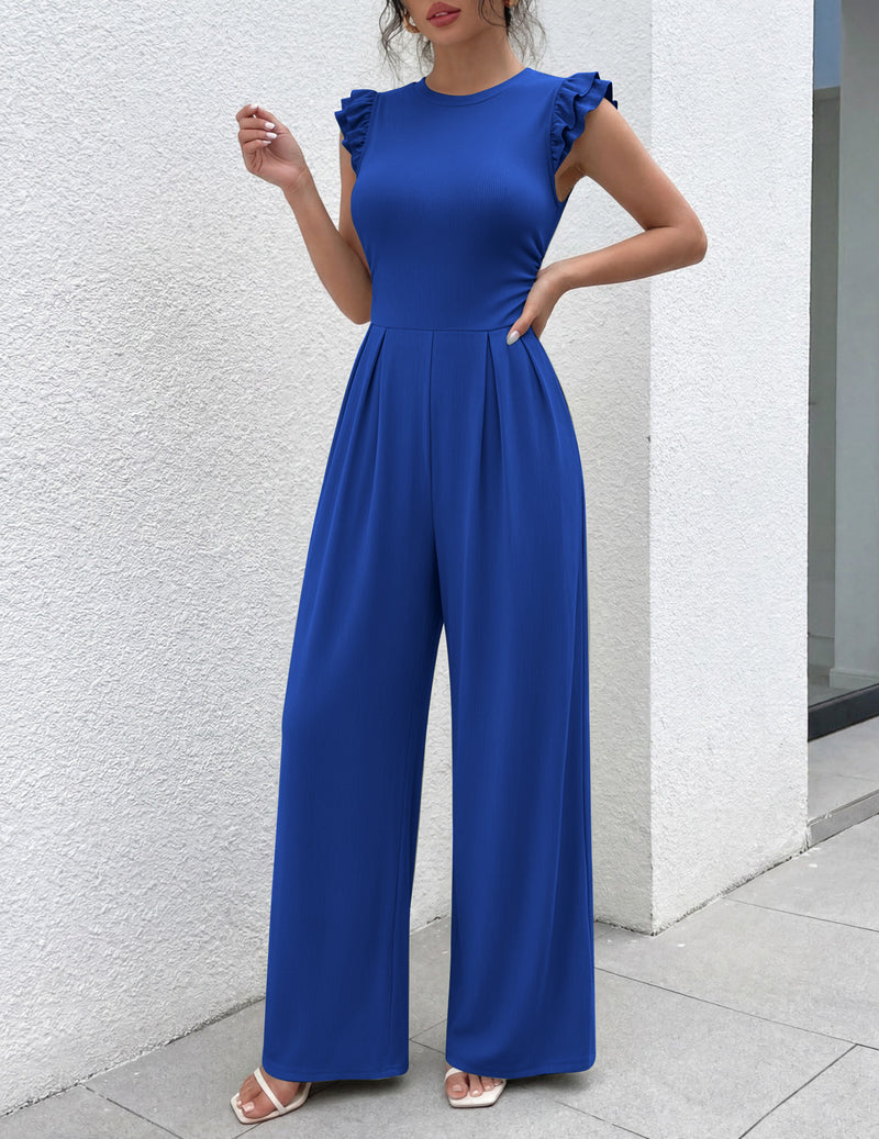 Ribbed knit ruffle cap-sleeve romper in royal blue, wide-leg pants