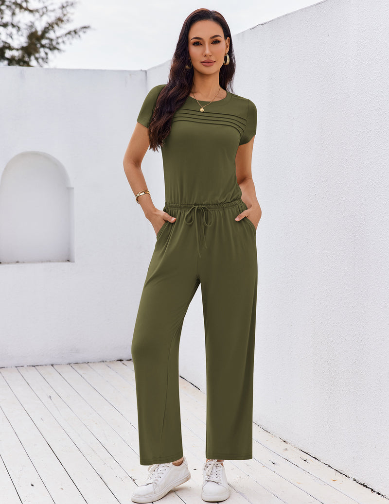 Dark olive green short-sleeve round-neck jumpsuit with pleated front and wide-leg pants