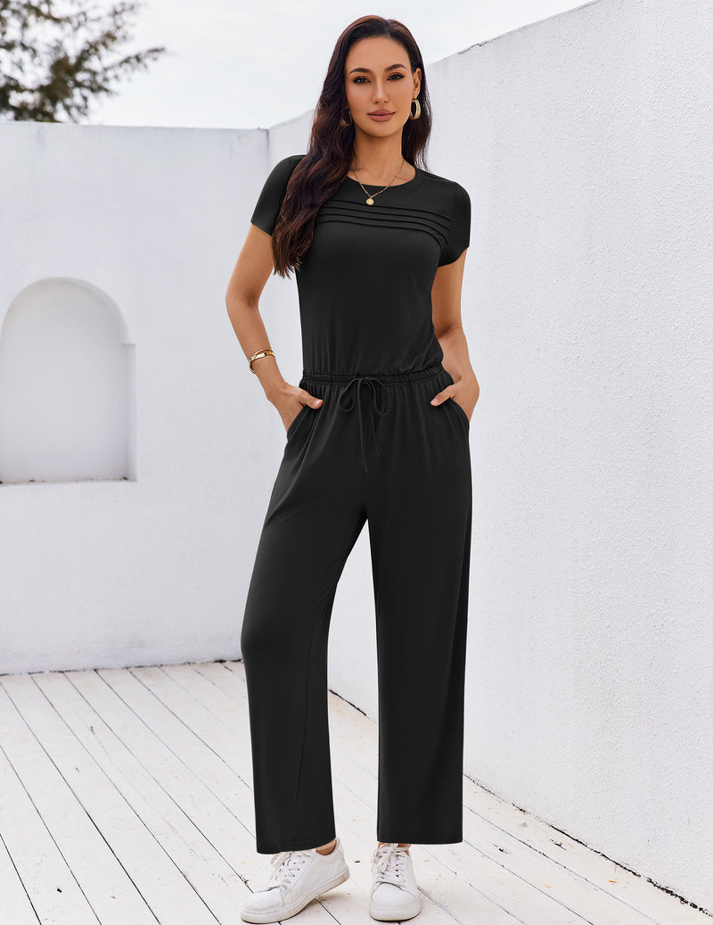 Black short-sleeve round-neck jumpsuit with tie waist and wide-leg pants