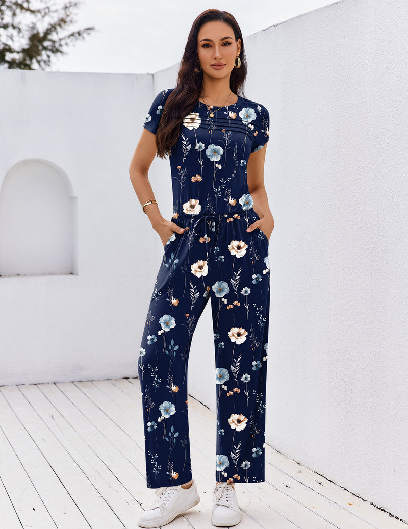Navy floral short-sleeve jumpsuit with round neck and wide-leg pants