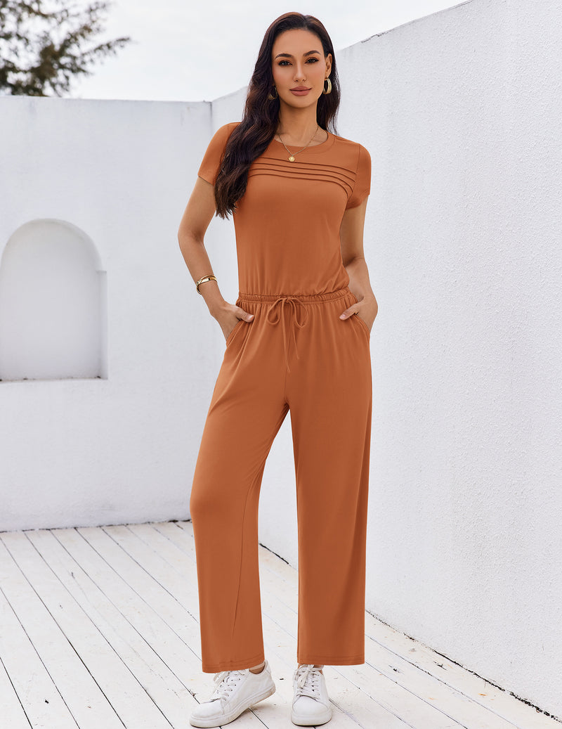 Camel short-sleeve round-neck jumpsuit with pleated front and wide-leg pants