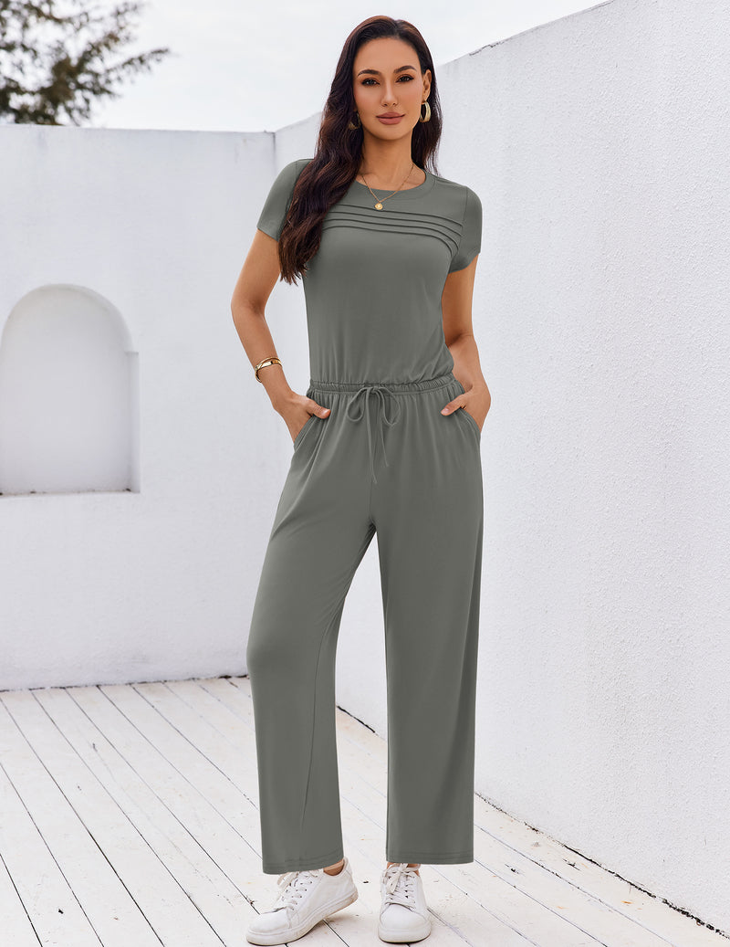 Olive green short-sleeve round-neck jumpsuit with pleated front and wide-leg pants