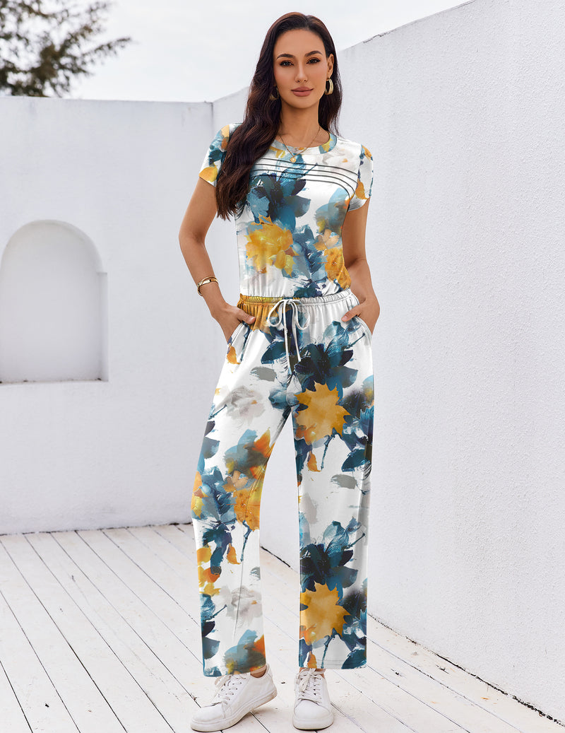 Floral print short-sleeve round-neck jumpsuit with pleated front and wide-leg pants