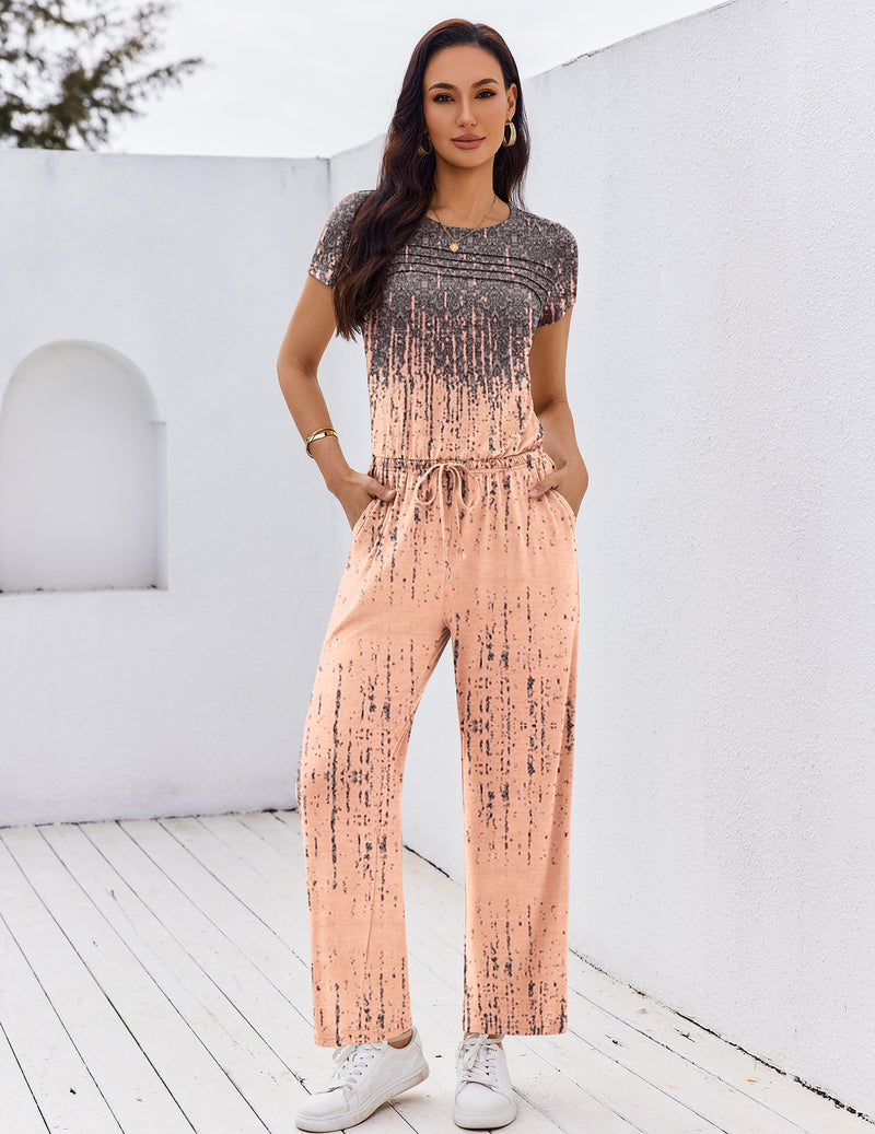 Peach sequin-look short-sleeve round-neck jumpsuit with pleated front and wide-leg pants