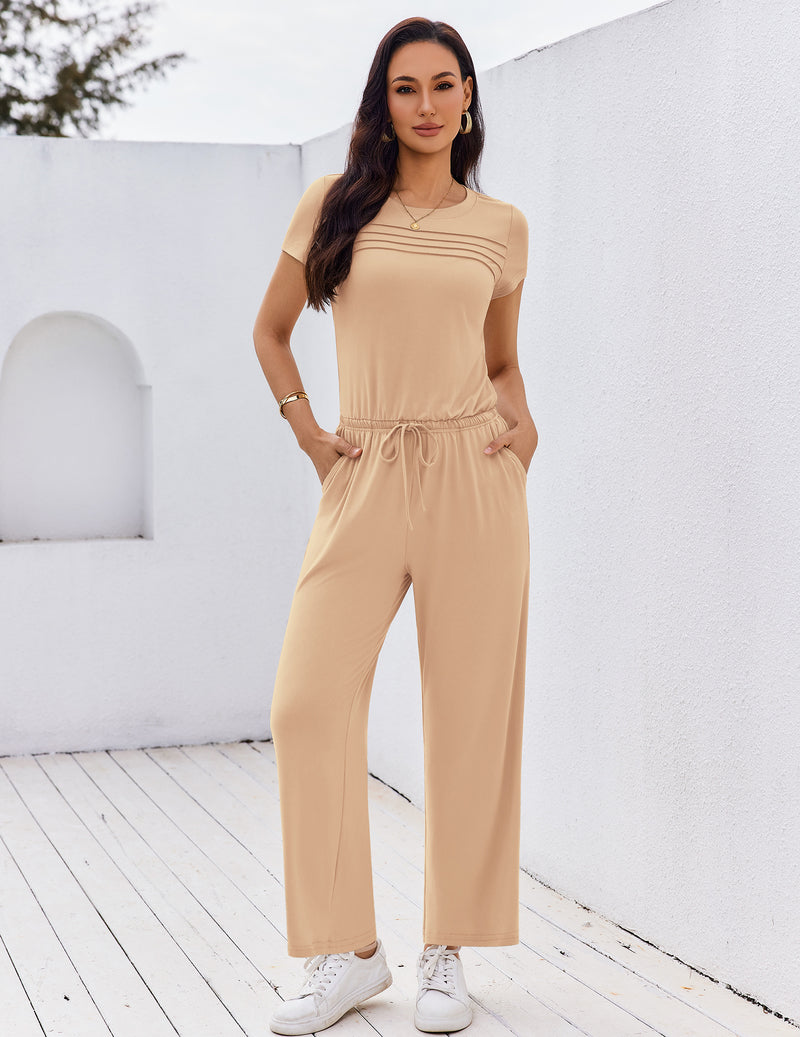 Beige short-sleeve round-neck jumpsuit with pleated front and wide-leg pants
