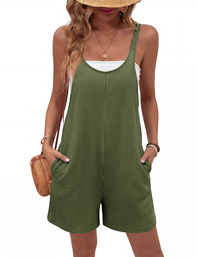 Sleeveless ribbed knit romper shorts, green, scoop neckline, wide leg pockets