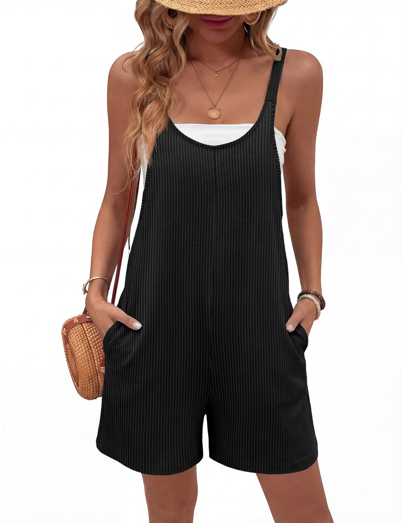 Sleeveless ribbed knit romper shorts, black, scoop neckline, wide legs