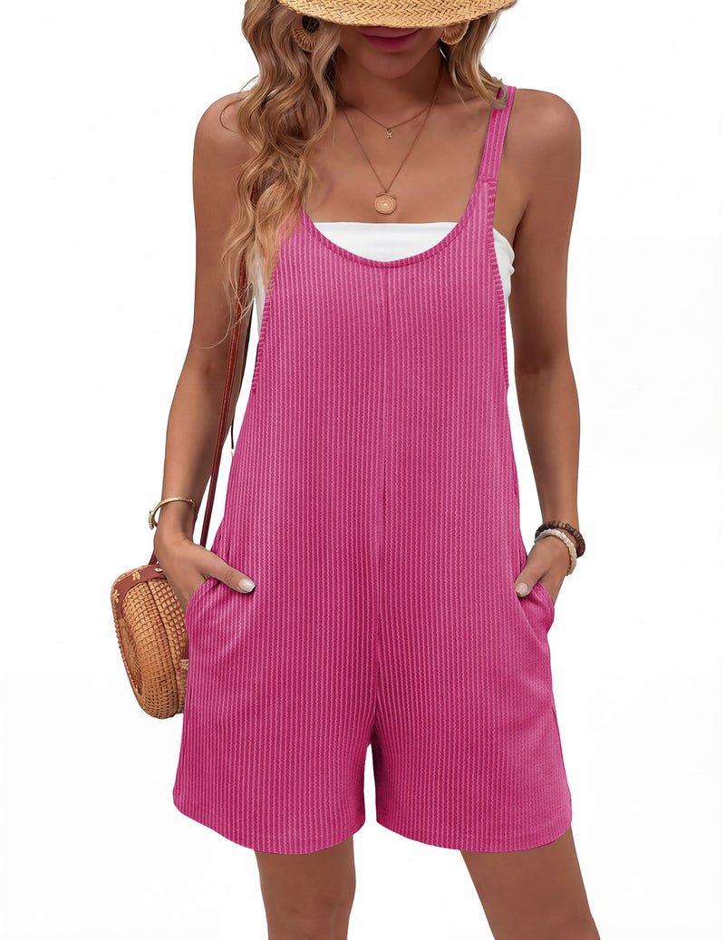 Sleeveless ribbed knit romper shorts in bright pink with side pockets