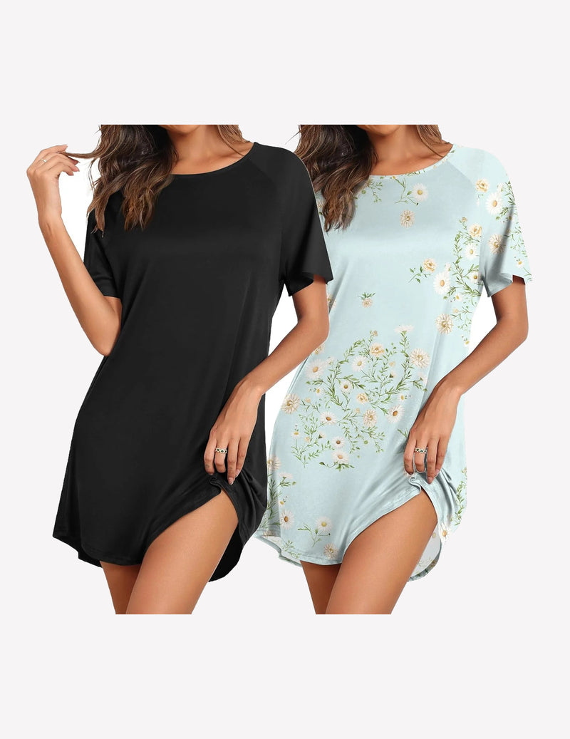2 Pack Bamboo Viscose Sleep Shirts Short Sleeve Nightshirt