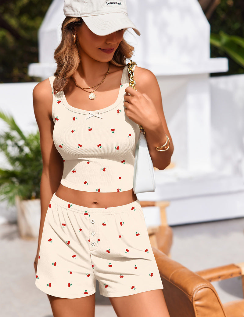 Ribbed knit cami tank and shorts set, white with red cherry print, scoop neck.