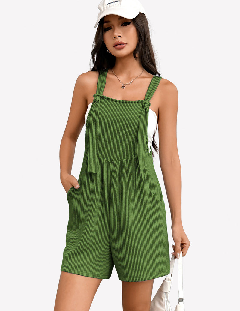 Army green sleeveless ribbed knit romper, square neck, adjustable straps, short wide legs