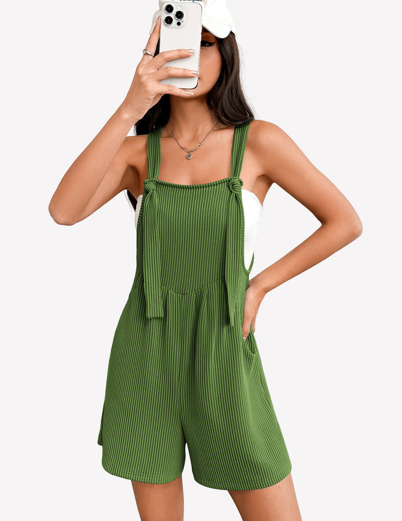 Army green sleeveless romper, adjustable straps, square neck, front pocket, short wide legs
