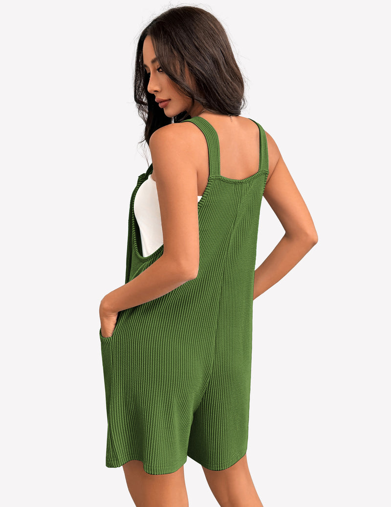 Army green sleeveless ribbed knit romper, racer back, adjustable straps, short wide legs