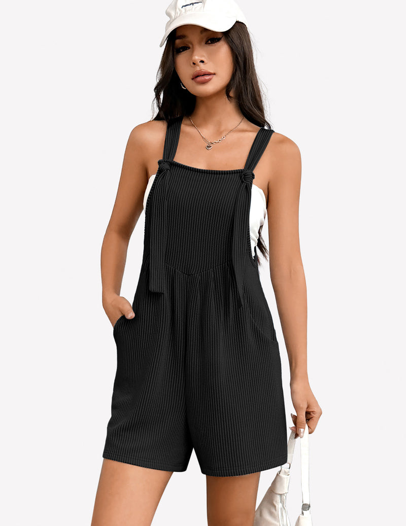 Black sleeveless ribbed knit romper, square neck, adjustable straps, front pocket, shorts