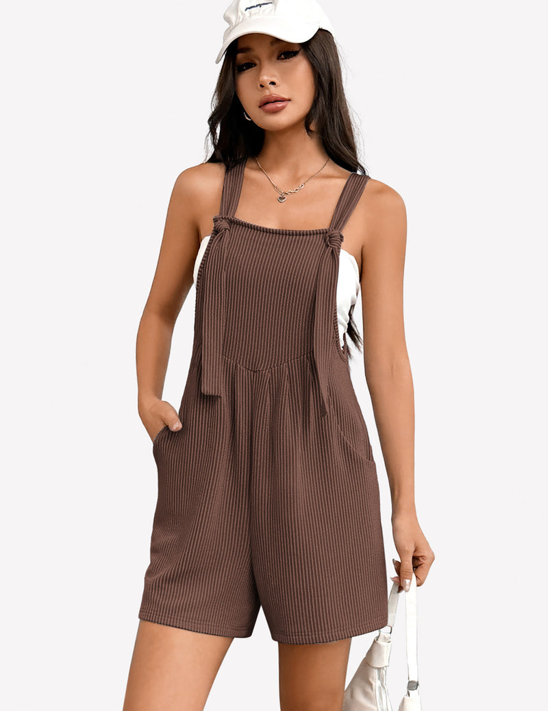 Brown sleeveless ribbed knit romper, square neck, adjustable straps, front pocket shorts