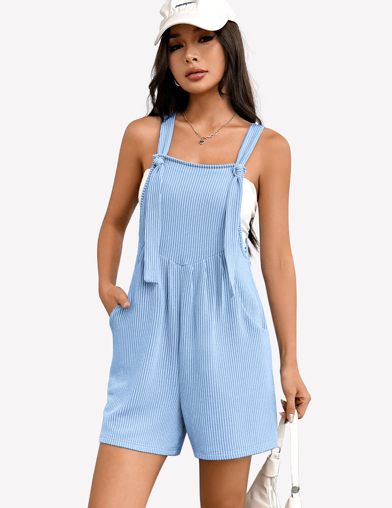 Light blue sleeveless ribbed knit romper, square neck, adjustable straps, front pocket shorts