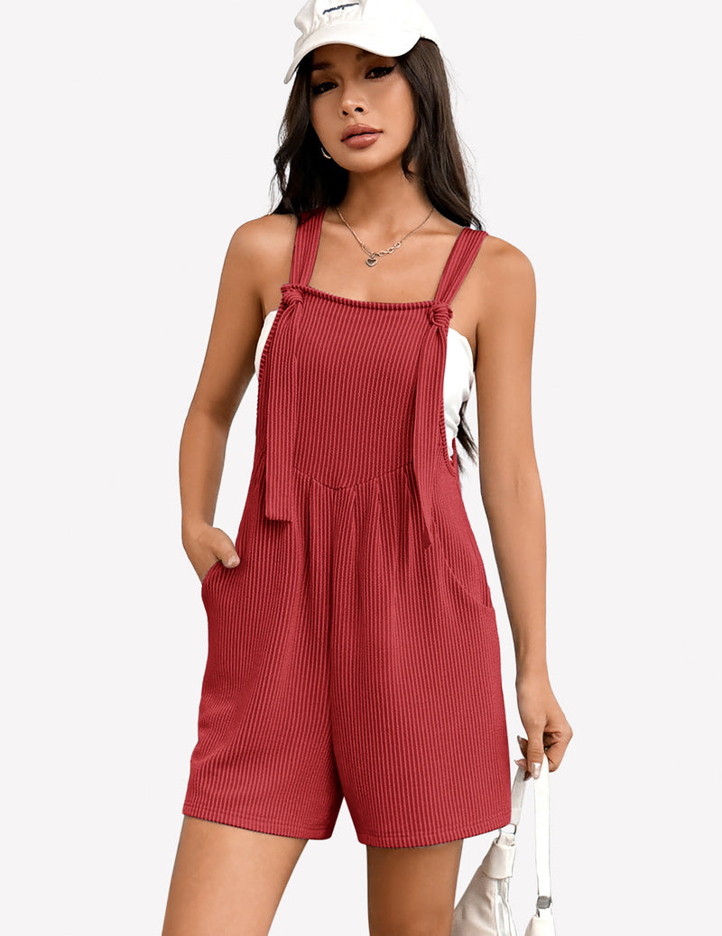 Red sleeveless ribbed knit romper, square neck, adjustable straps, front pocket shorts