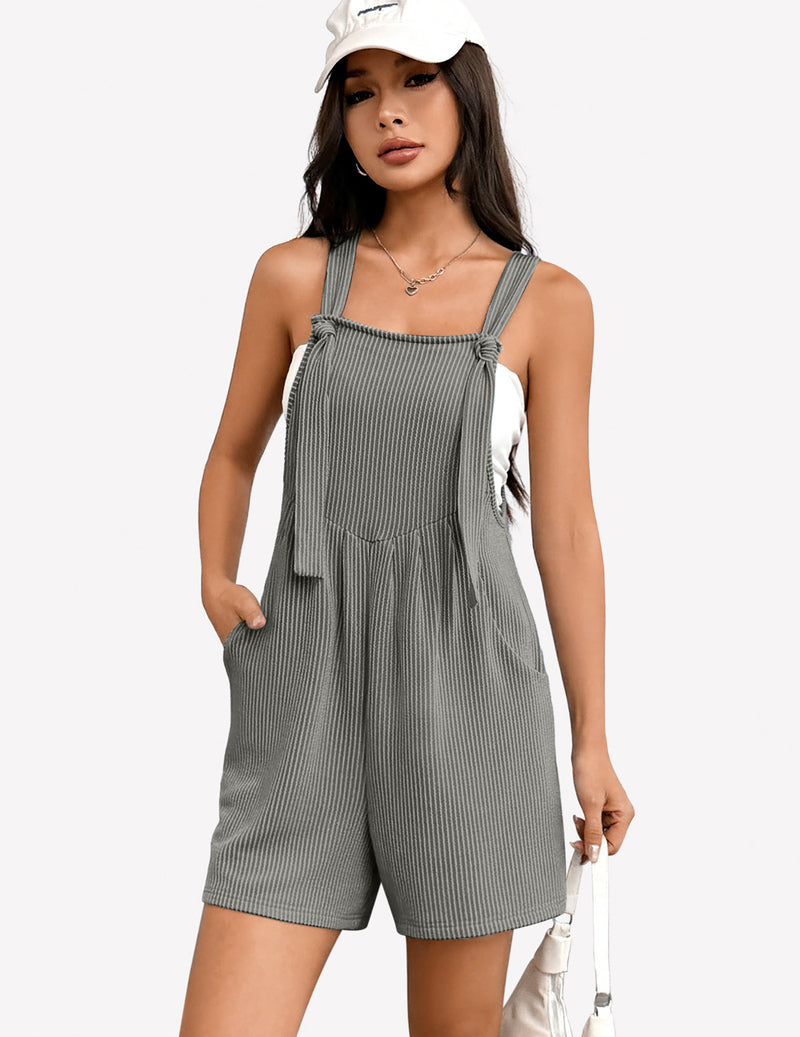 Dark gray sleeveless ribbed knit romper, square neck, adjustable straps, front pocket shorts