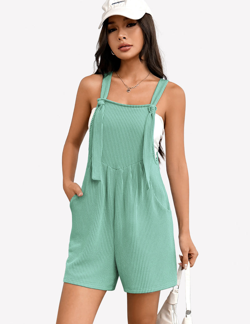 Light green sleeveless ribbed knit romper, square neck, adjustable straps, front pocket shorts