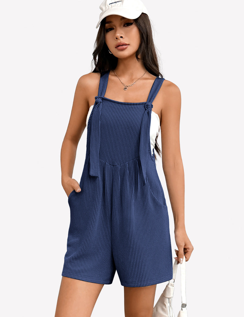 Blue sleeveless ribbed knit romper, square neck, adjustable straps, front pocket shorts