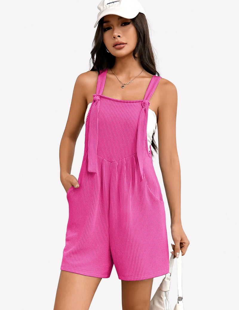 Pink ribbed knit sleeveless romper with adjustable shoulder ties
