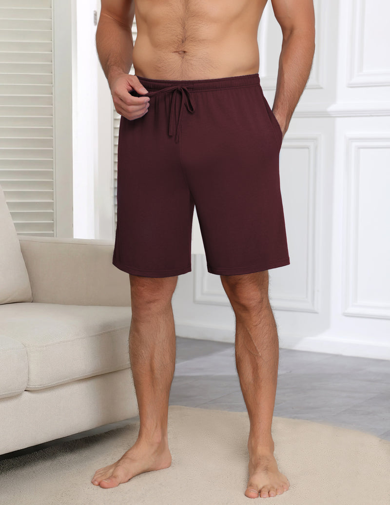 Men's pajama shorts in deep maroon with drawstring elastic waistband