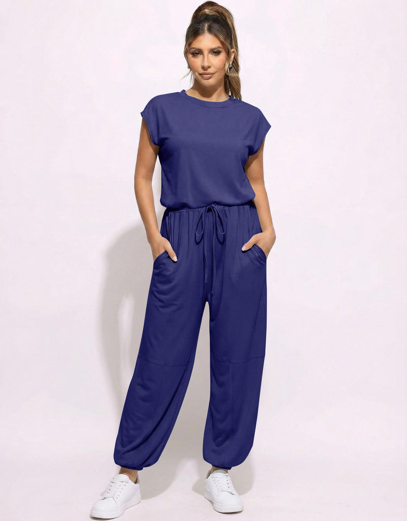 Dark blue casual jogger one-piece jumpsuit with drawstring waist and wide legs