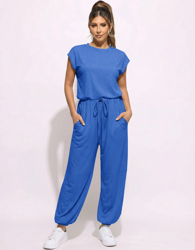Blue casual jogger one-piece jumpsuit with drawstring waist and loose jogger legs