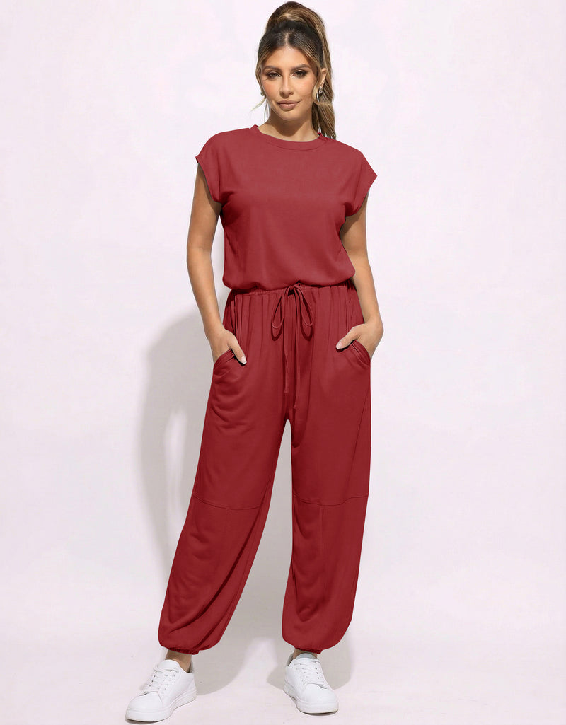 Wine red casual jogger one-piece jumpsuit with drawstring waist and wide pant legs