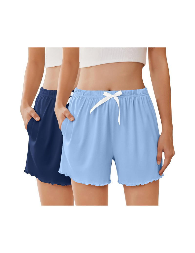 Ekouaer 2-Pack Ruffle Pajama Shorts Elastic Waist with Pockets