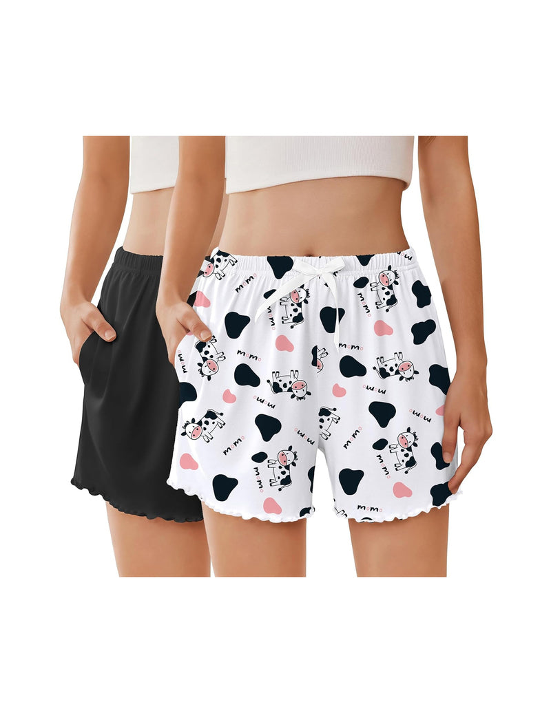 Ekouaer 2-Pack Ruffle Pajama Shorts Elastic Waist with Pockets