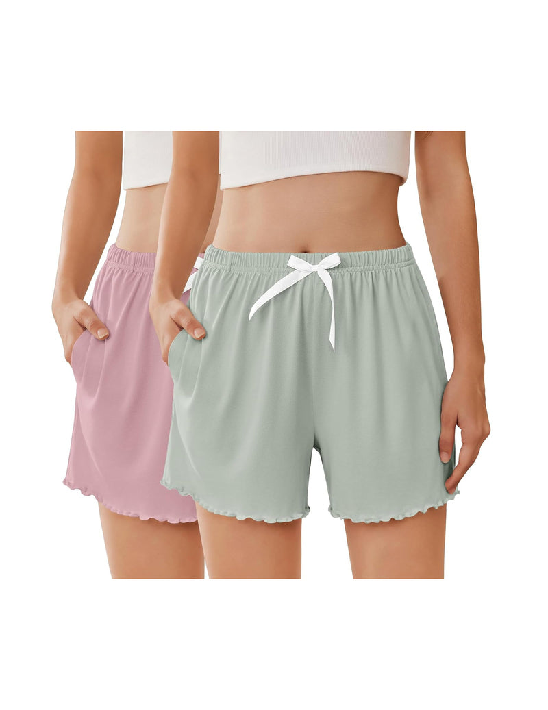 Ekouaer 2-Pack Ruffle Pajama Shorts Elastic Waist with Pockets