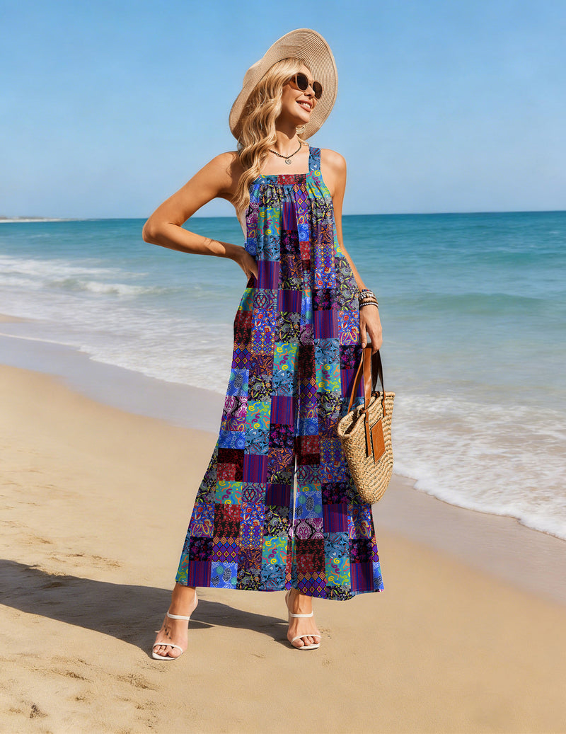 Multicolor patchwork wide-leg jumpsuit overalls with adjustable straps and pocketed fit
