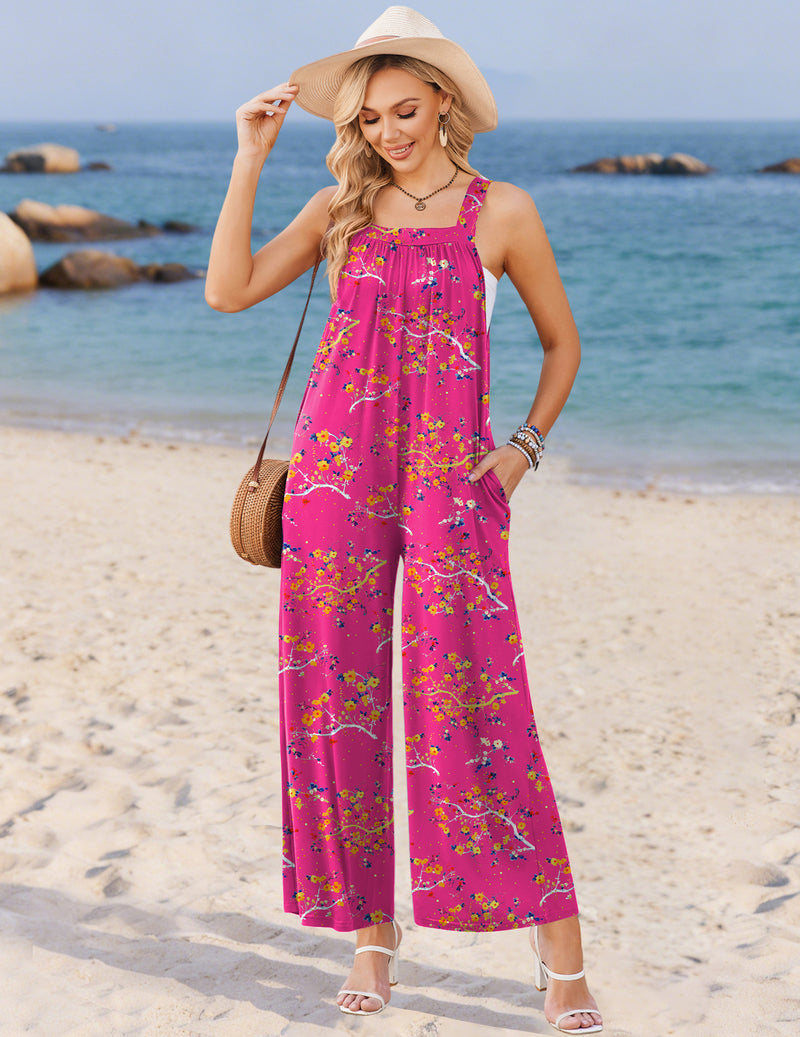 Hot pink floral wide-leg jumpsuit with adjustable straps and square neckline