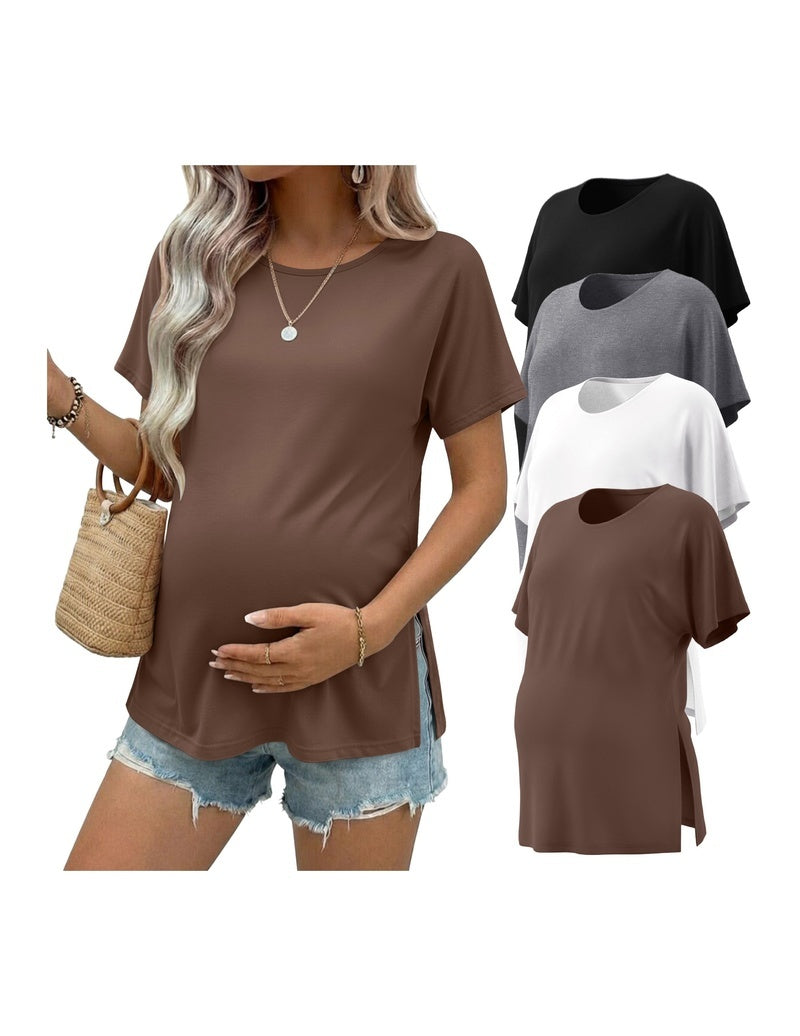 Maternity tunic top, short sleeves, taupe/brown solid with side-slit curved hem