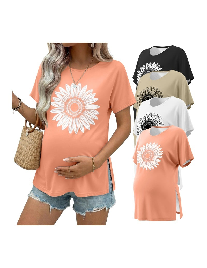 Maternity tunic top, short sleeves, peach solid with large daisy graphic