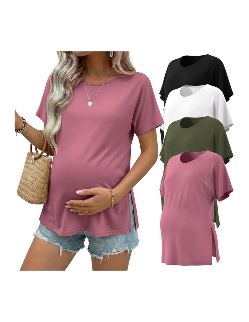Maternity tunic top, short sleeves, mauve/pink solid with side-slit curved hem