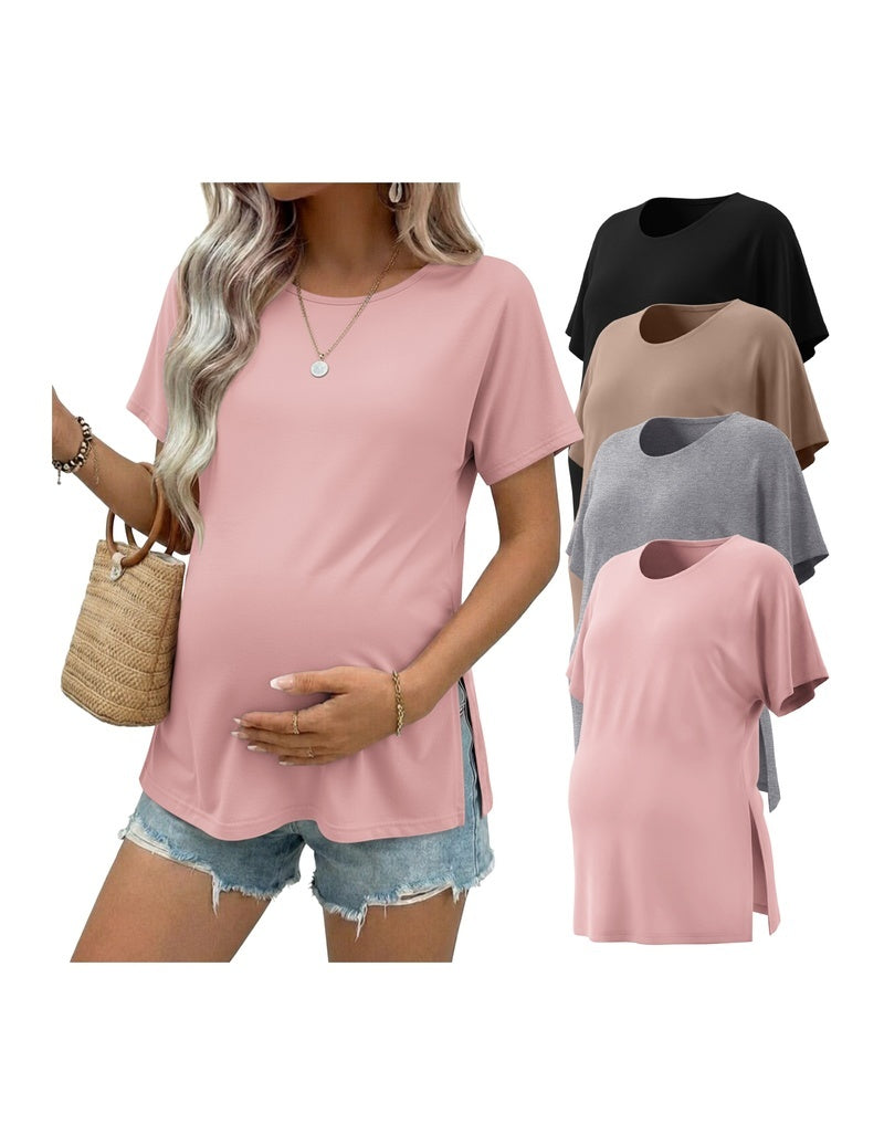 Maternity tunic top, short sleeves, blush/pink solid with angled side slits