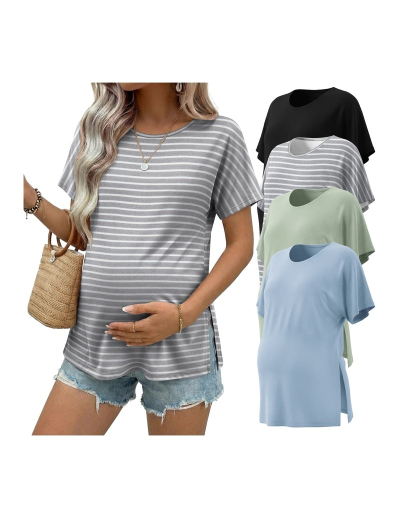 Maternity tunic top, short sleeves, light gray with white stripes and curved hem